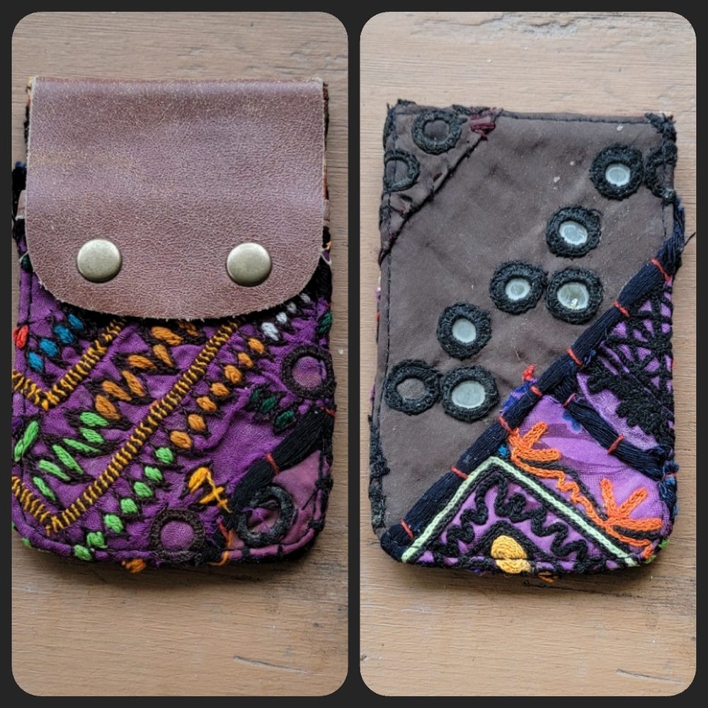 🥂🕺 Free People Boho Embroidered Repurposed vtg banjara hippie Wallet card case